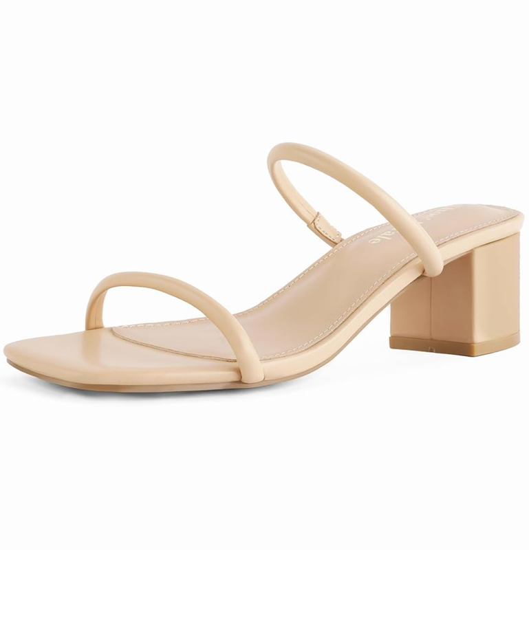 Shoe'N Tale Strappy Heels for Women Square Open Toe Two Strap Low Block Heel Slip on Dressy Sandals Shoes, 7