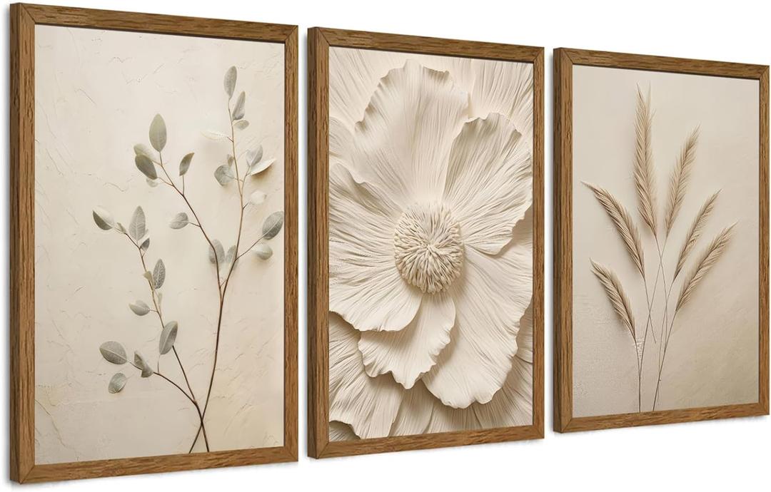 JLTULT Beige Floral Wall Art Set of 3, Solid Wood Frames, 20 x 30 in Each