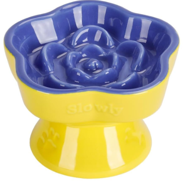 S&Q's CERAMICS Raised Slow Feeder Cat Bowl, Ceramic Elevated and Titled Pet Food Bowl, Small Dogs Slow Feeder, Flower Shaped Dish for Dry and Wet Food (Blue, 5.8")