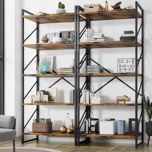 Shintenchi 2 Pieces 5 Tiers Bookshelf, Classically Tall Bookcase Shelf, Industrial Book Rack, Modern Book Holder in Bedroom/Living Room/Home/Office, Storage Rack Shelves for Books/Movies-Rustic Brown
