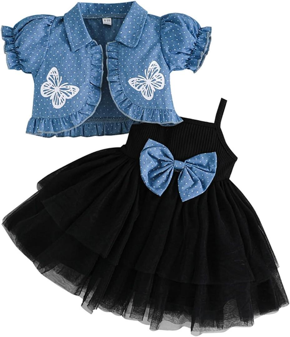 Toddler Baby Girls Spring Fall Outfits Sleeveless Tulle Dress with Button Up Coat Headband Set Infant Cute Clothes (Black) 18-24M 