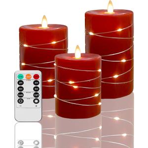 Red Flameless Candles with String Lights Battery Operated LED Pillar Candles 4 5 6 Candle with Remote Control,Fake Candle Set of 2 for Christmas or Special Festivals Decorations