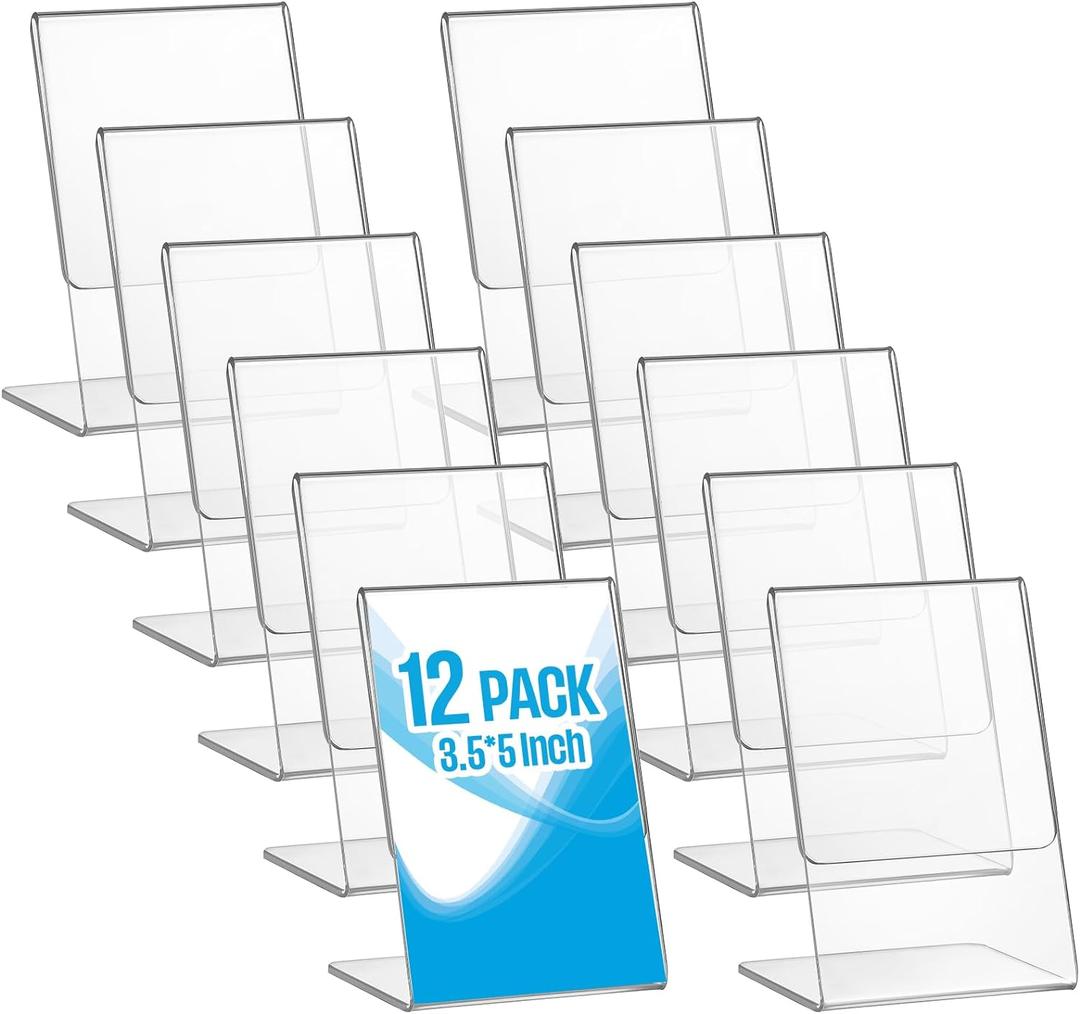 Ctosree 12 Pcs Acrylic Photo Frame L shape Slant Back Desktop Photo Frames Plastic Clear Sign Clear Acrylic Display Stand Table Top Sign for Home Office Wedding Restaurant Menu (3.5 x 5 Inch)
