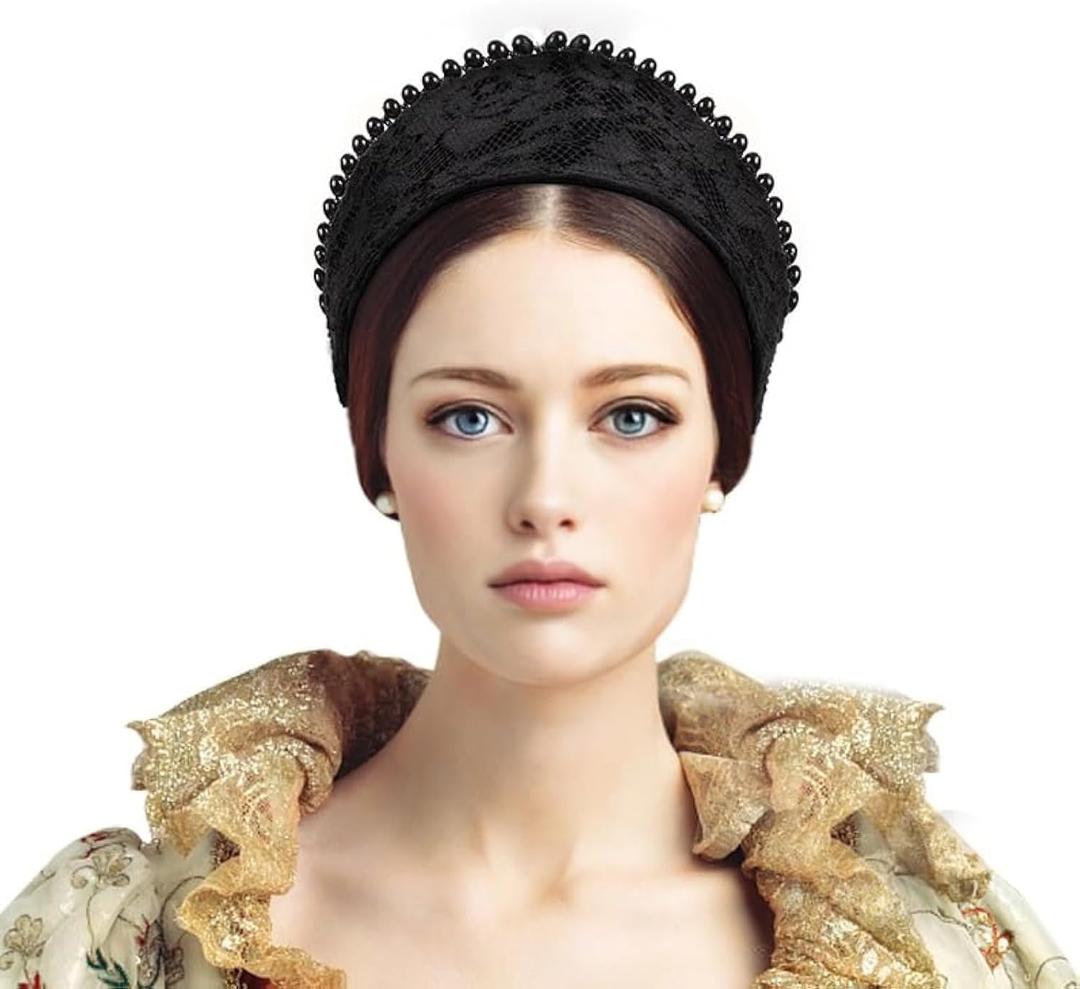 C-ZOFEK Anne Headband Velvet Pearl Tudor French Hood Gothic Renaissance Halloween Hair Accessory (Dark)