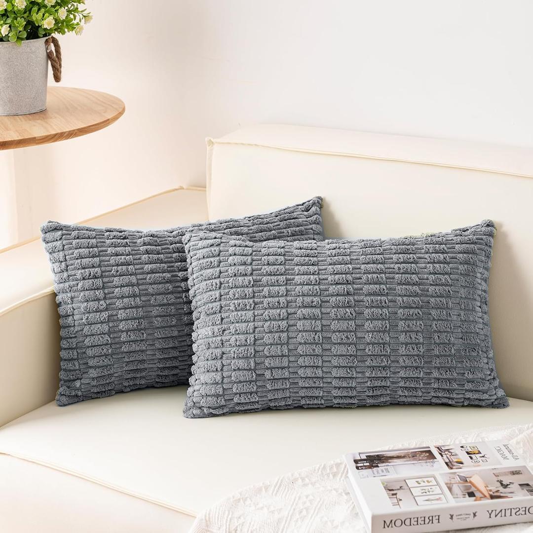 Aegero Pack of 2 Corduroy Decorative Throw Pillow Covers 12x20 InchSoft Boho Striped Pillow Covers Modern Farmhouse Home Decor for Sofa Living Room Couch BedLight Grey