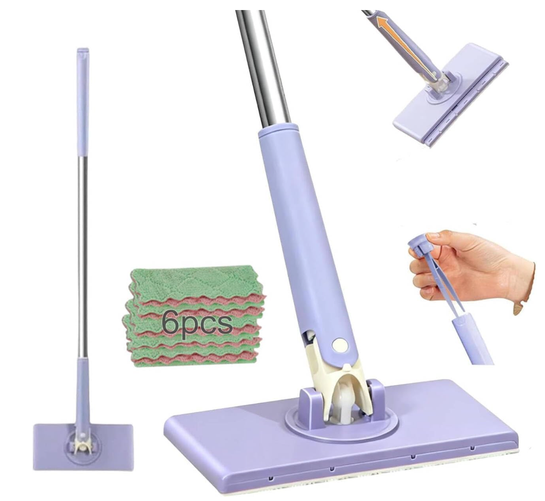 Snap Grip Mini Mop, Zero Touch Cloth Changing Mop with Automatic Push Pull Handle,360 Rotating Lazy Mops Wet Dry for Whole House Cleaning,Retractable Gap Dust Cleaner Flat Mops (Purple-6 Cloths)