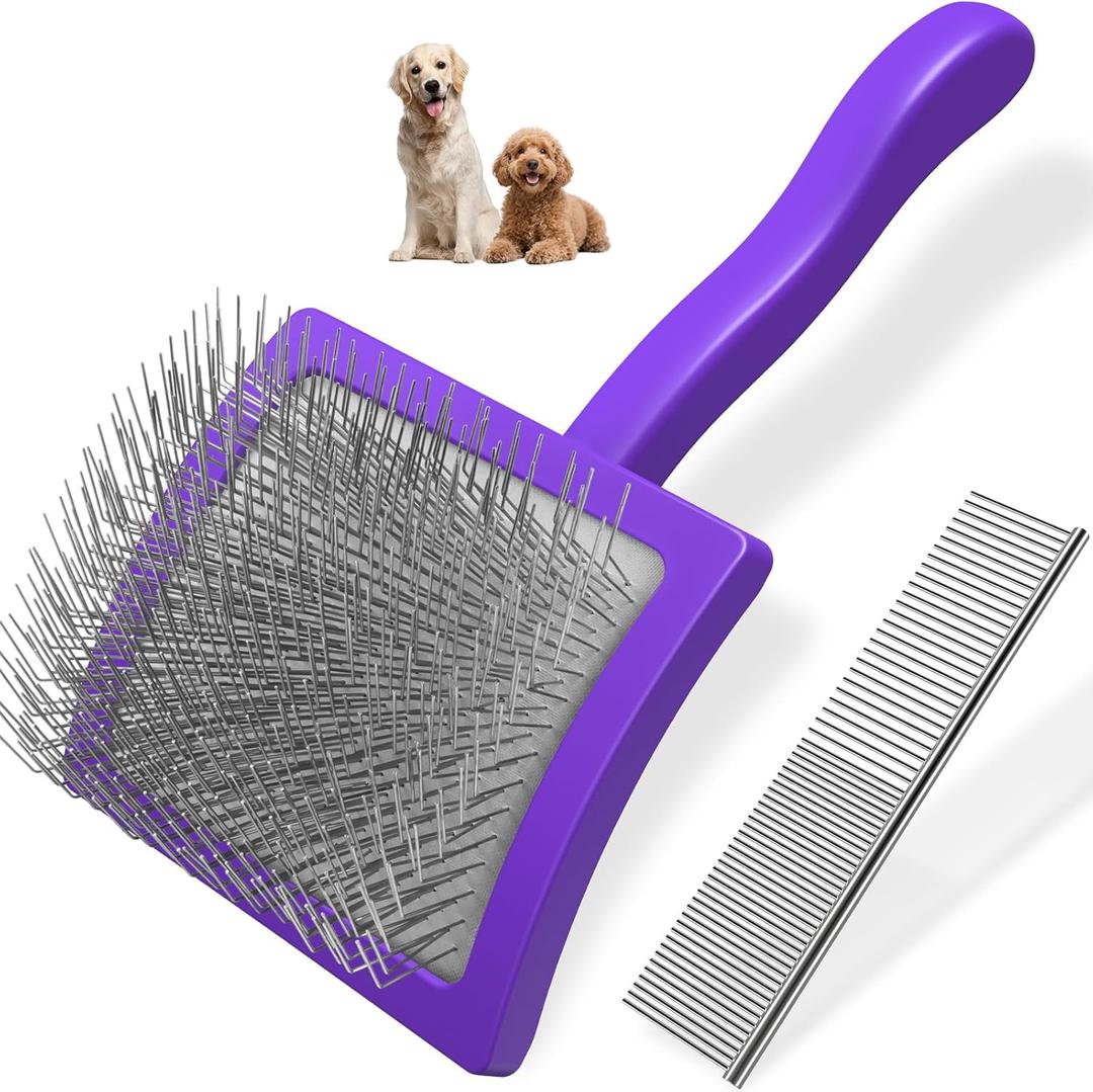 2PCS Slicker Brush for Dogs & Pet Comb,Professional Dog Grooming Brush (Goldendoodles,Poodles,Labradoodles) with Extra Long Pins to Effectively Remove Tangles, Knots and Mats (Purple, Large)