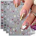2 x Christmas Nail Stickers Decals - 3D Reindeer, Snowflakes, Santa Hat Designs with Gold, Silver, Green & Red Foil Embossed Effect, 4 Sheets for Holiday Nail Art