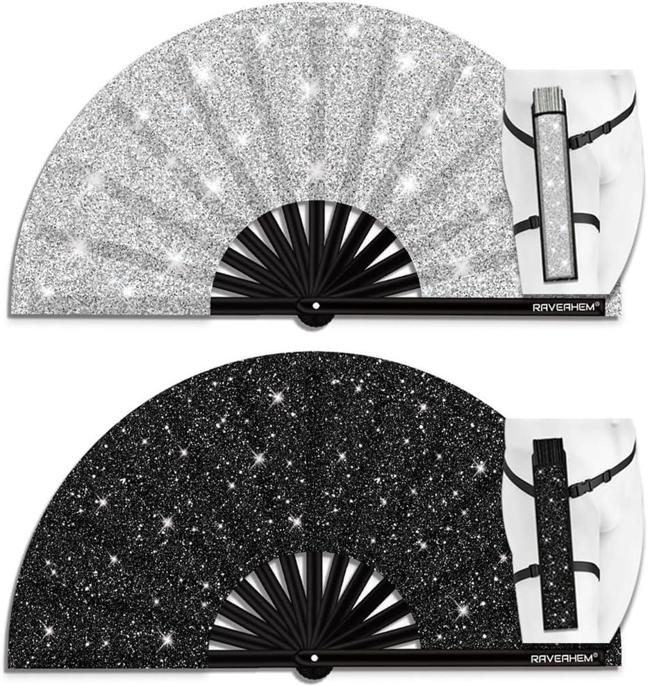 2 Pack Glitter Large Rave Folding Clack Hand Fan with Holster for Men/Women Handheld Fan for EDM,Festival,Club,Party,Dance (Silver+Black) (33cm Closed | 63cm Open (13" Closed | 24.5" Open))