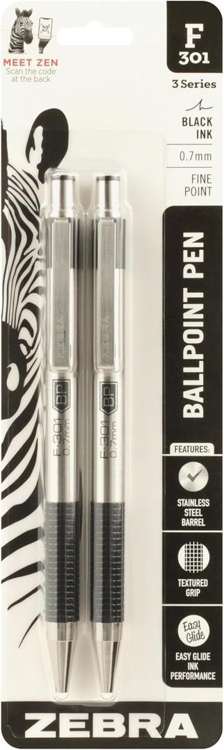 Zebra Pen F-301 Ballpoint Fine Point 0.7mm Stainless Steel Retractable Ballpoint 2-Pack  Easy-Glide Ink, Non-Slip Grip, Metal Clip, Refillable with F-Refill, Professional Design (27112) Zebra Pen F-301 Ballpoint Fine Point 0.7mm Stainless Steel Retractable Ballpoint 2-Pack  Easy-Glide Ink, Non-Slip Grip, Metal Clip, Refillable with F-Refill, Professional Design (27112)