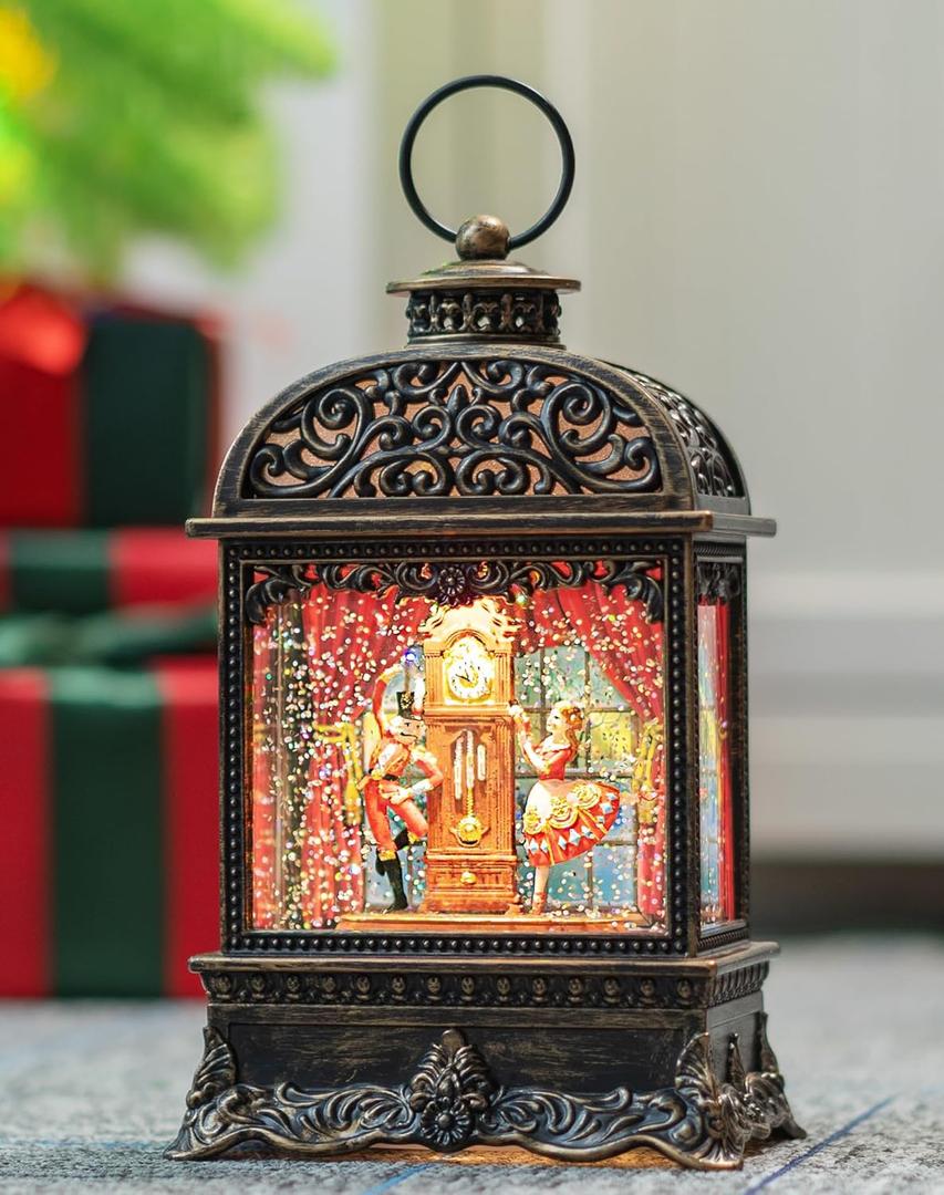 Christmas Snow Globe Lantern Water Glittering Nutcracker Clara with Music & Timer, USB Lined/Battery Operated Lighted Lantern for Christmas Festival Decoration Gifts