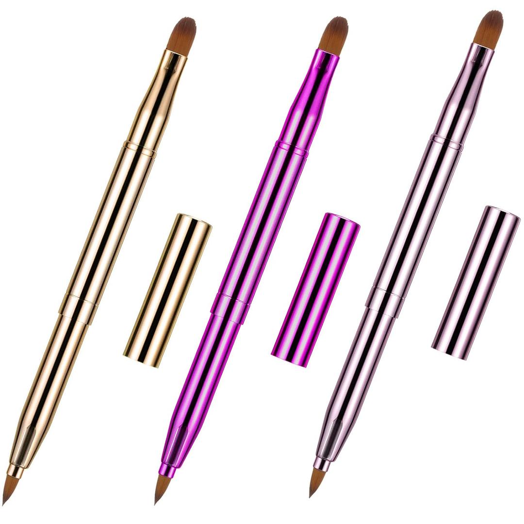 TOODOO 3 Pack Retractable Lip Brush for Lipstick with Cap Dual-ended Liner Foundation Makeup Brush Sets Travel Applicators(Gold, Purple, Bright Pink)