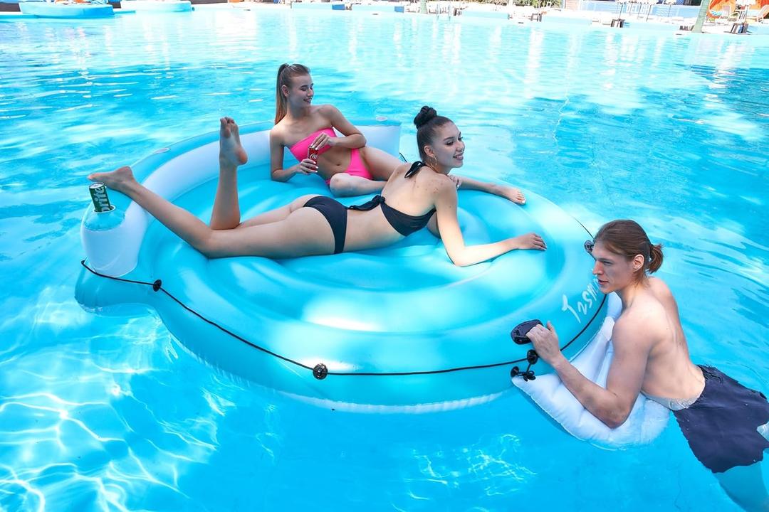 Inflatable Floating Island Pool Float for Adults - Giant 3-Person Lounger Raft with Cup Holders, Tropical Party Water Floats for Pool Lake River Relaxation
