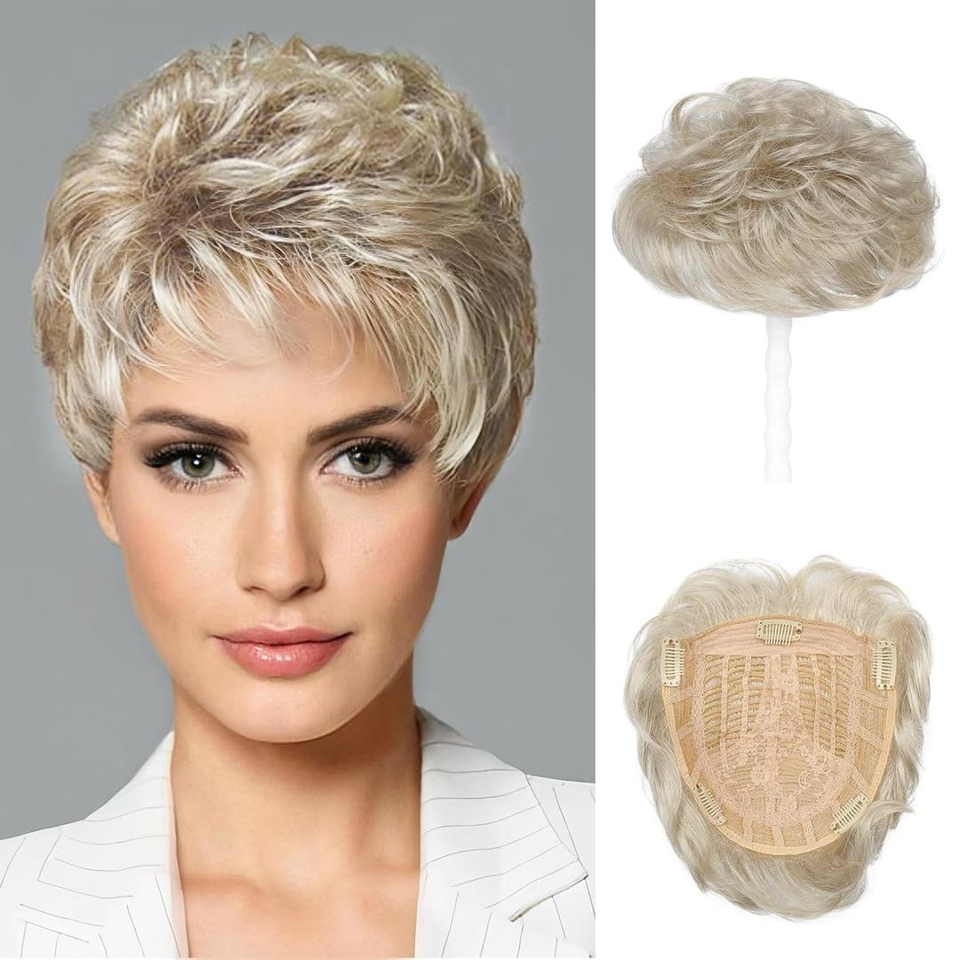 REECHO Hair Topper, Short Wiglet Hair Topper for Women with Thinning Large Coverage Synthetic Top Crown Hairpiece for Women - Ash Blonde