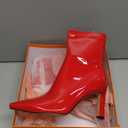Mofirdast Women's Mid Calf Boots Comfy Square Closed Toe Stiletto High Heel Boot Zipper Short Ankle Booties (6.5, Red)