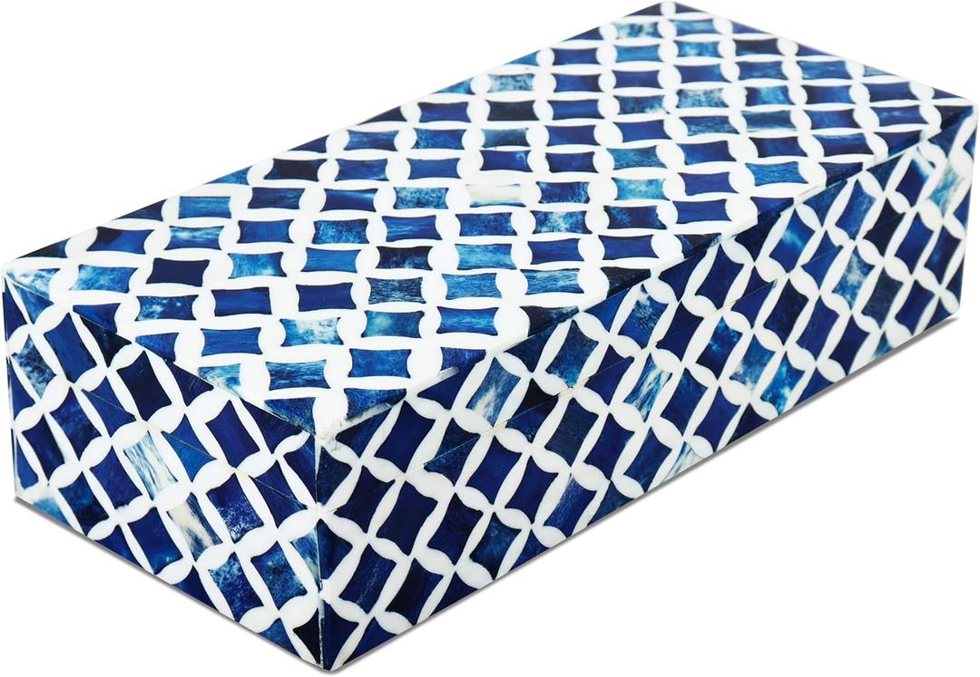 Handicrafts Home Decorative Storage Box with Lid 10x4x2.5 Modern Home Decor Organizer, Memory Box & Jewelry Storage- Decorative Boxes for Living Room & Shelf Decor- Blue White Star