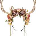 MOSTORY Woodland Flower Antler Headband - Fairy Reindeer Headpiece with Vines for Renaissance Accessories Women Cosplay (Orange-pink)