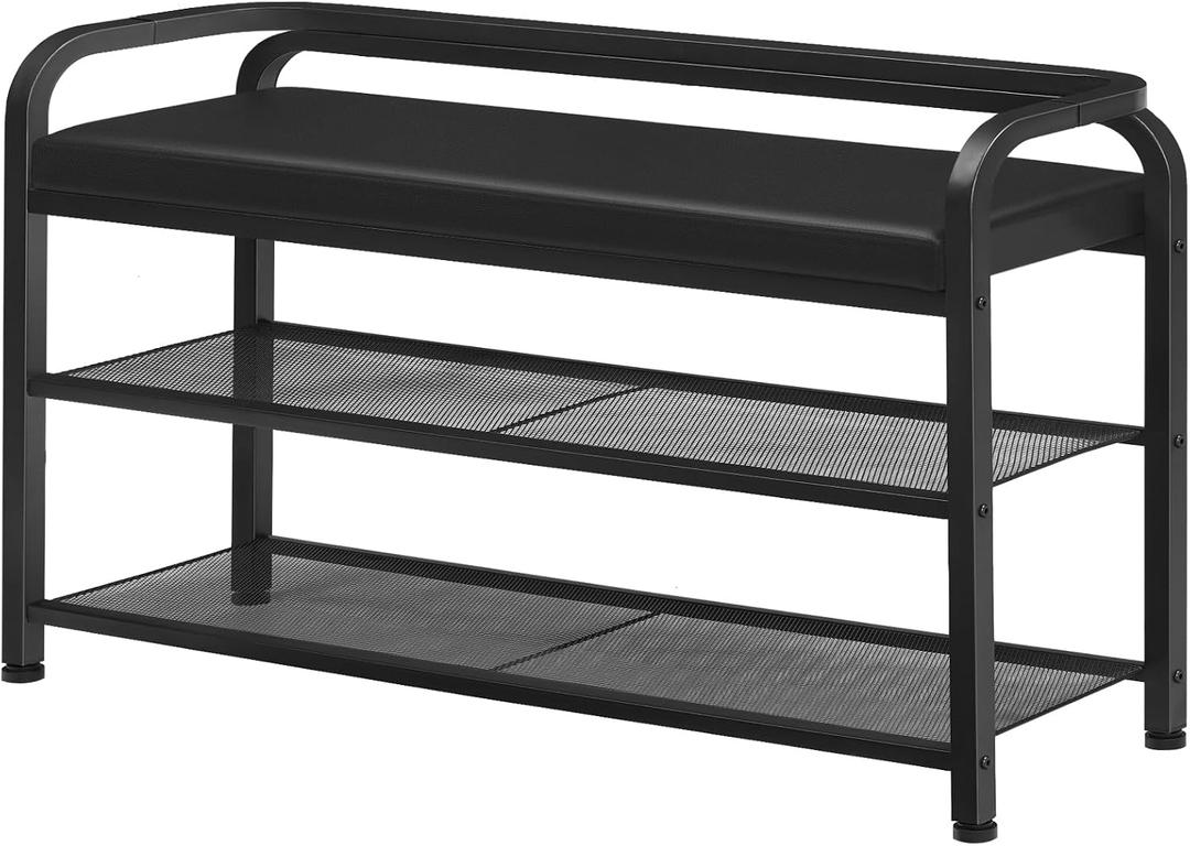 YATINEY Shoe Bench with Backrest, 35.4" Long Entryway Bench, 2-Tier Shoe Rack with PU Padded Seat, Upholstered Shoe Storage Bench with Back, for Hallway, Entryway, Foyer, Bedroom, Black HX14BB, 35.4" x 11.1" x 23.7"