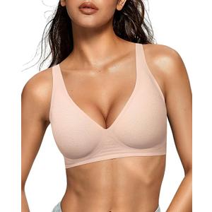 OEAK Womens Deep V Bras Wireless Comfortable Bra Supportive No Underwire Bras Tshirt Push Up Bralettes Plunge Seamless Bra (3X-Large, Jacquard Nude)