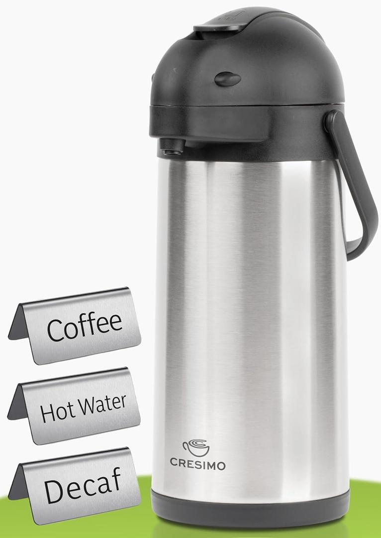 Cresimo 102oz Airpot Coffee Dispenser with Pump & Stainless Steel Table Tent Signs - 3L Airpots for Hot Beverages - Easy-to-Use Insulated Coffee Carafe with Pump & Beverage Labels