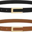 SANSTHS 2 Pack Skinny Leather Belts for Women, Ladies Thin Waist Belt for Dresses Jeans Pants with Gold Buckle