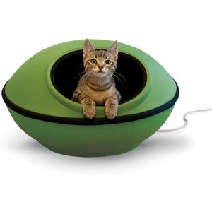 K&H Pet Products Heated Cat Bed for Large Cats, Thermo-Kitty Mod Dream Pod Heated Cat Cave Tent House Bed for Indoor, Warming, Washable Cushion, Waterproof Heater, Safety Listed - 22in Round Green