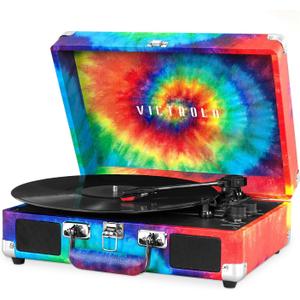 Victrola Journey Bluetooth Portable Suitcase Record Player  with Built-in Speakers, 3 Speed Vinyl Record Player, RCA Out, Headphone Jack (Tie Dye)