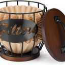 Yangbaga Coffee Filter Holder with Wood Lid, Wood and Metal Coffee Filter Storage Container Basket for Coffee Filters 2-4 Cup, Round Coffee Filter Holder Case for Counter, Coffee Bar Accessories decor (5.35.5in)