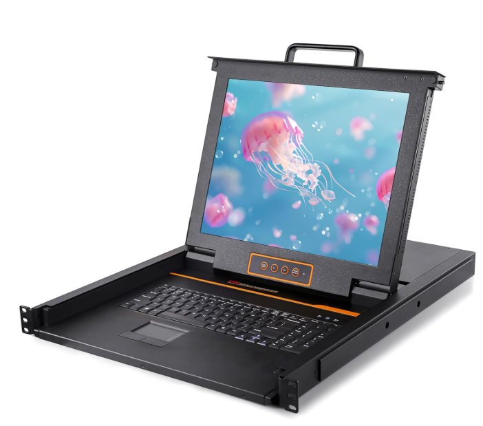 HDMI Rackmount KVM Console 8 Port, 18.5" 1080P Rack Monitor, Integrated 1U Rackmount Monitor and Keyboard, 1920x1080@60Hz, OSD Function, 17.6"x22"x1.67" (W x D x H)