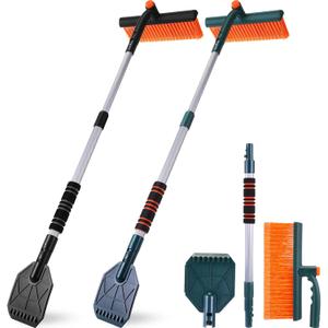 2 Pack 40" Extendable Snow Brush with Detachable Ice Scraper Snow Removal Tool Brush for Car Truck SUV Vehicle Windshield Foam Grip, Heavy Duty Auto Winter Car Accessories(Dark Green, Black)