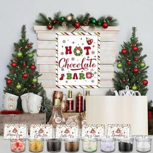 Meanplan 52 Pcs Christmas Hot Chocolate Bar Cocoa Bar Supplies 8 Acrylic Jars with Spoons 1 Hot Cocoa Stand Sign 24 Round Stickers 18 Tent Cards for Xmas Winter Party Supplies(Classic Color)