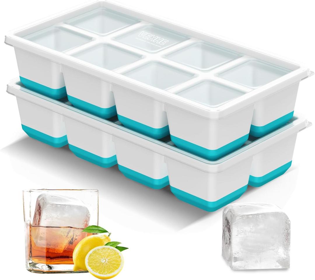 VEHHE Ice Cube Tray, 2 Pack Reusable Large Ice Cube Molds, Ice Cube Trays for Freezer with Lid, Easy Release Ice Tray for Drinks, Whiskey, Cocktails (Blue)