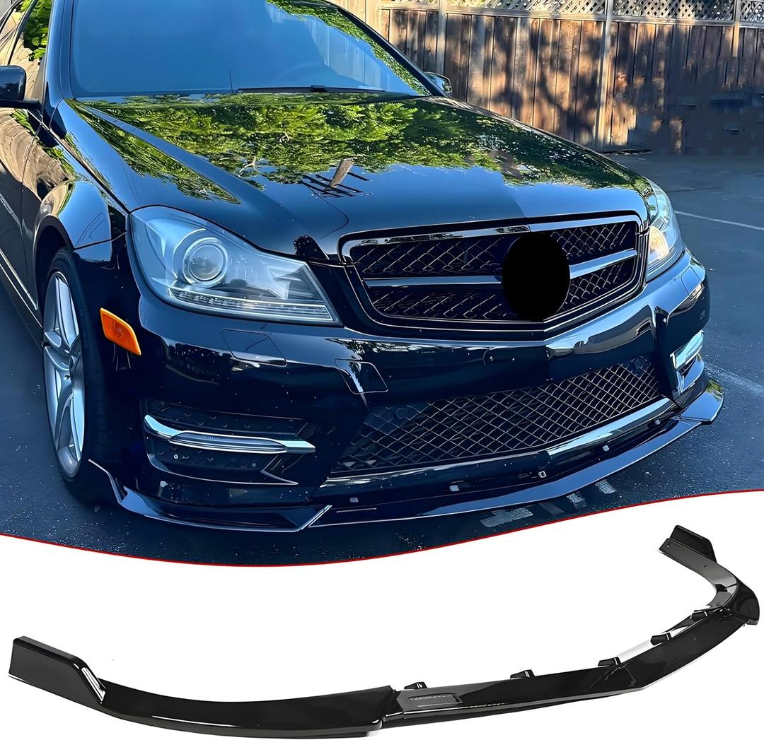 Front Bumper Lip Splitter Spoiler Compatible with Mercedes C-Class C250/ C300/ C350/ C204/ W204 2011-2014 (Sport Models Only), Gloss Black 3pcs Air Chin Body Kit Exterior Accessories