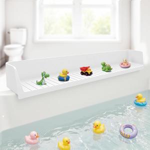 2.6-Ft Bathtub Splash Guard, Silicone Bathtub Water Guard with Toy Tray Shelf, Suction Cups Attach to Tub, No-Mess Bath Play Area & Storage, Fun for Toddlers & Kids (White)