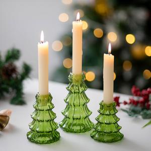 Glasseam Christmas Tree Candle Holder: 3 Pcs Glass Candlestick Holders for Taper Candles Ribbed Modern Green Candle Stick Candle Holder for Table Centerpiece Decorations Gifts