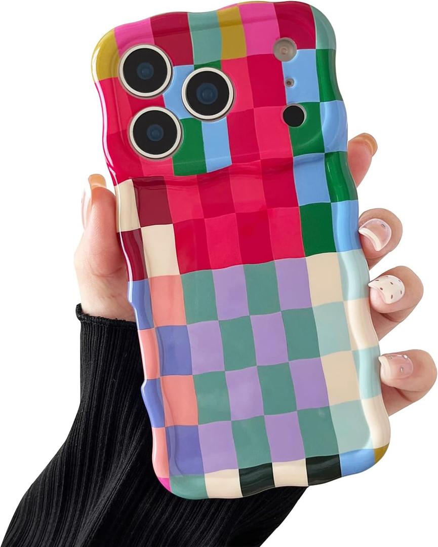 Compatible with iPhone 17 Pro Case, Cute Wave Curly Colorful Checkerboard Plaid Pattern Cover for Women, Soft TPU Shockproof Protection Case Compatible for iPhone 17 Pro (Colorful 1)
