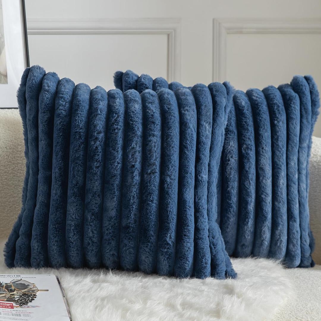 MANDIOO Pack of 2 Decorative Throw Pillow Covers Faux Fur Striped Plush Soft Cushion Covers Pillow Cases Bedroom Living Room Sofa Home 22x22 Inch Blue