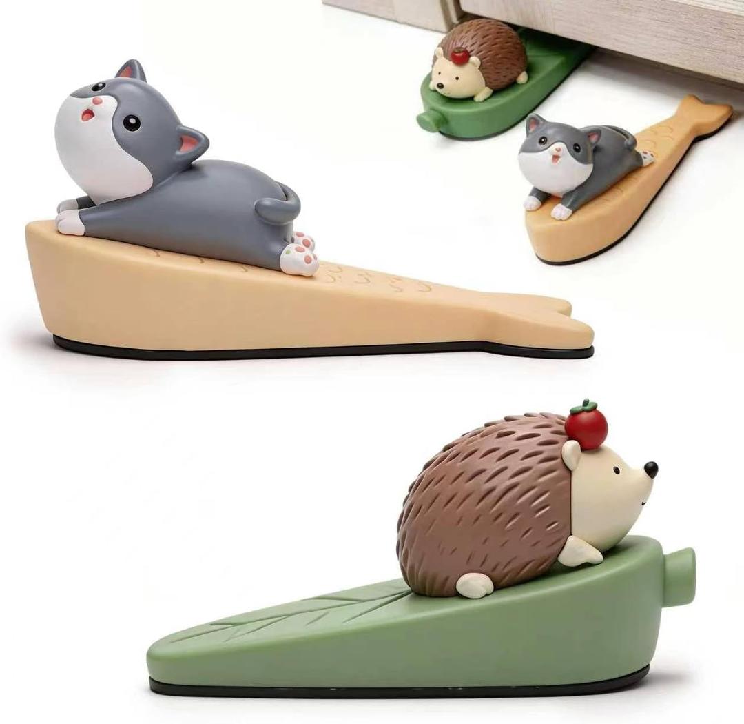 Cute Door Stoppers 2 Pack, Cat & Hedgehog Door Stops for Bottom of Door, Resin Decorative Door Stopper for Home Office Bedroom, Non-Slip Heavy Duty Door Stop