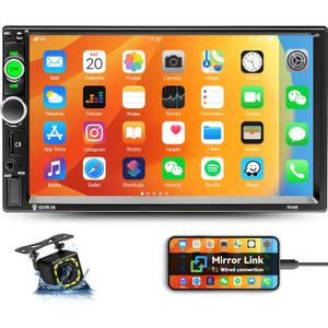 Double Din Bluetooth Car Stereo 7 Inch Car MP5 Player Digital Touch Screen Display Multimedia FM Radio Receiver USB/AUX in/SD in 2 Din Autoradio Phone Mirror Link Support Backup Camera+Remote Control