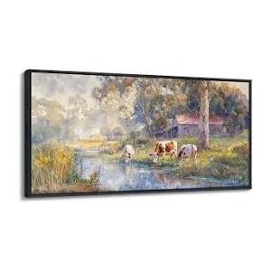 JEAWA Framed Canvas Wall Art - 20x40 IN Watercolor Landscape Painting Ready to Hang, Country Picture with Wooden House and Green Trees, Cow Art Prints for Bedroom Bathroom Home Decoration