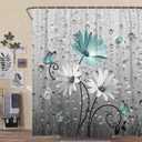 Rustic Farmhouse Teal Floral Shower Curtain, Farm Teal Daisy Flowers and Butterfly Shower Curtain for Bathroom, Country Turquoise Gray Fabric Boho Shower Curtain Set with 12PCS Hooks, 70X70IN, Flower 