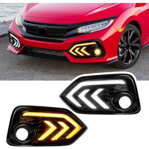 LED Fog Lights White Daytime Running Lights (DRL) Amber Turn Signal Lights Compatible with 2017-2021 10th Gen Honda Civic Hatchback