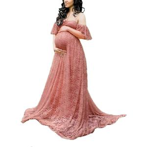 Maternity Photography Props Floral Lace Dress Fancy Pregnancy Gown for Baby Shower Photo Shoot (XX-Large, Pink Carnation)