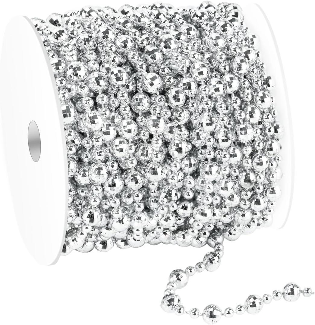 49 Feet Christmas Tree Beads Garland, Artificial Silver Beaded Garland for Christmas Tree DIY, Diamond-Shaped Beads for Wreath, Xmas Party Table, Wedding Holiday Decoration