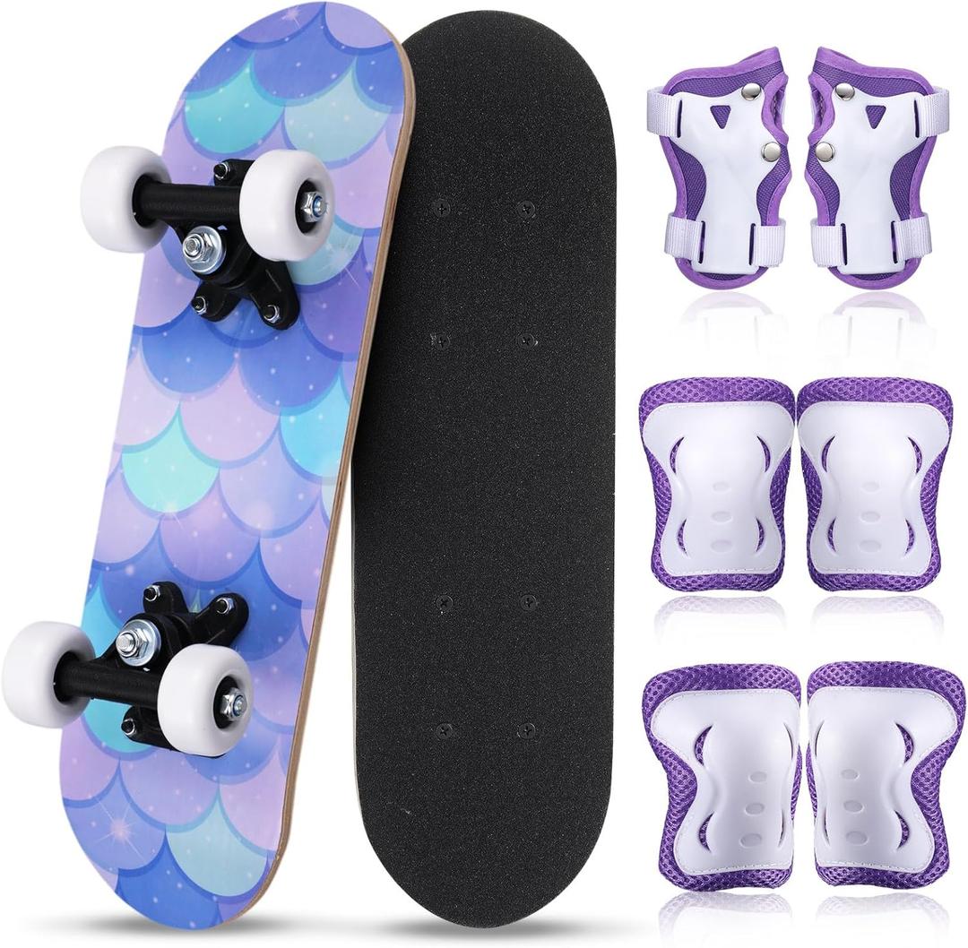 Honoson 7 Pcs Skateboard for Toddlers Beginners Knee Elbow Pads Wrist Guards Gear Set (Age 2-5 Kids 17 x 5''), Purpl