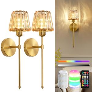 Battery Operated Crystal Wall Sconce Set of 2, Amber Rechargeable Wireless Wall Sconces with Remote Dimmable 12 Colors Modes Led Wall Lights for Bedroom Living Room Hallway, 2 Bulbs Included