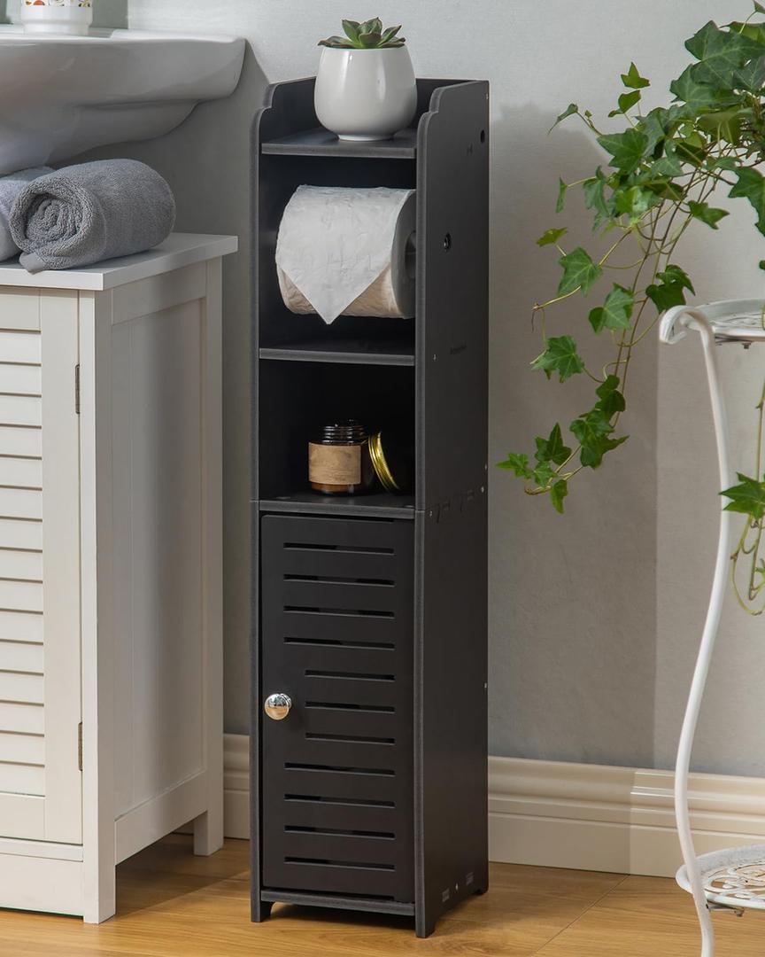 AOJEZOR Toilet Paper Holder Stand: Freestanding No Drill PVC Bathroom Storage for Apartment Renters -Protect Rental Deposit- Small Space Storage Solution (27.5 inch H)