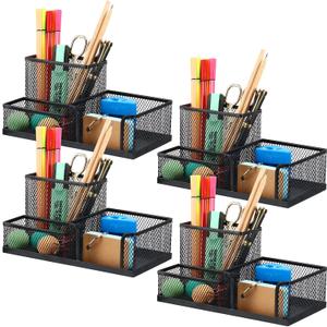 4 Pcs Mesh Desk Organizer 3 Compartments Mesh Pen Holder Sticky Notes Pencil Holder Black Metal Caddy Desk Pen Organizer for Desktop Accessories Storage Baskets Home Office and School Supplies