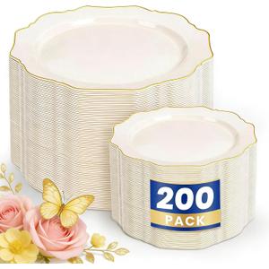 WDF 200PCS Ivory Plastic Plates with Gold Rim - Cream Plastic Plates - Include 100 Dinner & 100 Dessert Fancy Disposable Plate for Party - Heavy Duty Plate for Wedding/Baby Shower/Spring/Mother's Day