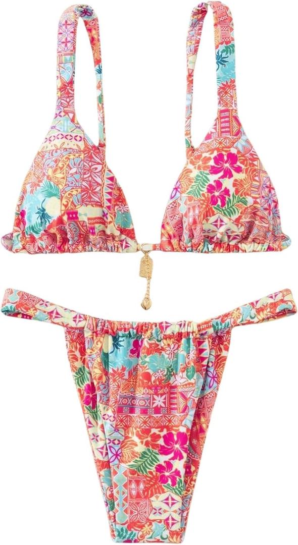 Women's 2 Piece Floral Tropical Print Bikini Set Boho Triangle Bathing Suit Tie Backless Swimsuit Sets (Medium, Multicolor)